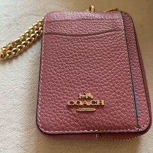 Coach Dusty Rose Leather Card Case with Gold Chain.